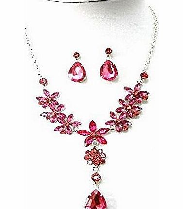 Zaam Jewellery Pink Flower Crystal Diamante Necklace Earrings Evening Fancy Dress Gift Jewellery Set