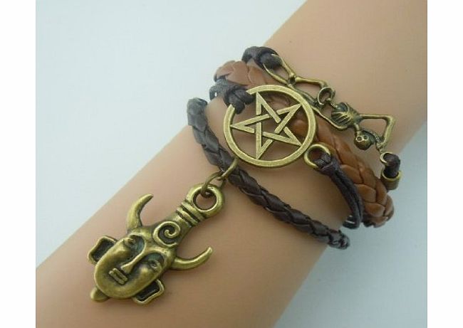 10th Planet Events Supernatural Deans Protection amulet leather charm bracelet, dark chocolate brown and tan leather, corded, skeleton, pentagram, pendant supernatural charms.