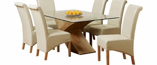 1home Glass Top Oak Cross Base Dining Table Set w/ 4 6 Leather Chairs Room Furniture 160cm (Table with 6 Chairs)