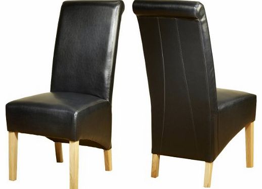 1home Leather Dining Chairs Scroll Back Oak Legs Furniture (Black)