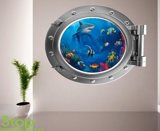 1Stop Graphics Shop - FULL COLOUR SHARK PORTHOLE WALL STICKER - BEDROOM LOUNGE SEA DECAL P13 - Size: Large