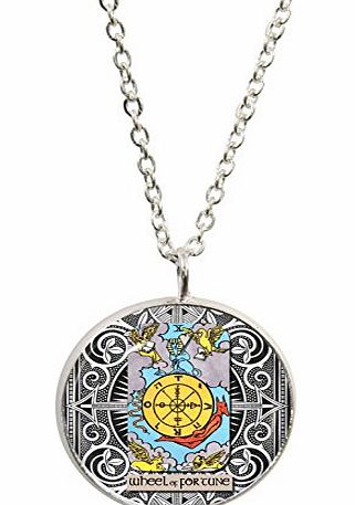 1StopShops Wheel of Fortune Tarot Card Pendant and Silver Plated Necklace Set