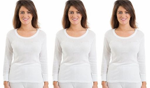 3 Pack Womens/Ladies Thermal Underwear Long Sleeve Vest With Jacquard Rib Fabric, White 14/16
