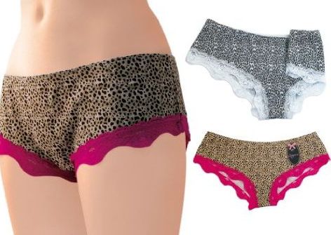 Set Of 2 Prints Womens/Ladies Underwear Anucci Lingerie Animal Print Boxer Briefs With Lace Trim, Leopard & Zebra, 14