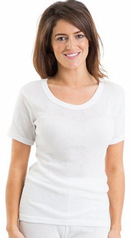 Womens Jacquard Rib Short Sleeve Thermal Vest Underwear White, 18-20