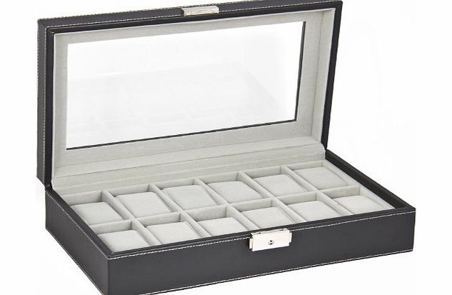 3Ybird Watch Box Large Mens Black Leather Display Glass Top Jewelry Case Organizer (12 Watch)