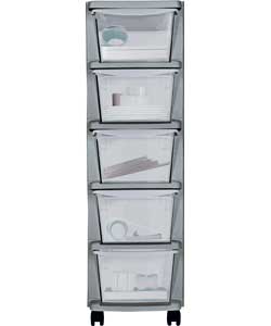 5 Drawer Slim Tower Storage Unit - Silver