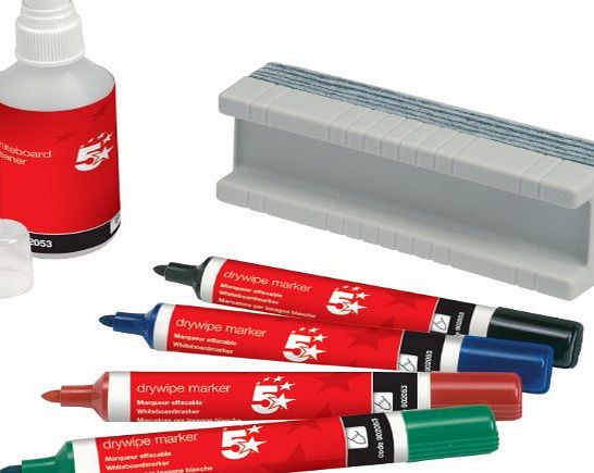 5 Star Office Drywipe Starter Kit of Drywipe Eraser and 100ml Cleaner and 4 Whiteboard Markers Assorted