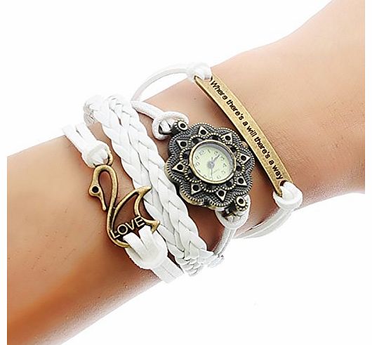 8Years.Bracelets 8Years New Fashion Antique Vintage Bronze Infinity Watch Bracelet Cute Friendship Swan White Leather Cord Wristwatch 19cm