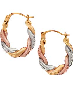 9ct Gold 3 Colour Twist Creole Earrings