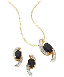 9ct Gold Black Sapphire and Diamond Pendant and Earring Set