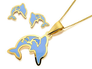 9ct Gold Blue Enamel Dolphin Pendant And Earring