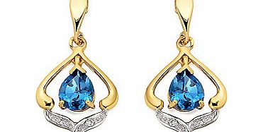 9ct Gold Blue Topaz And Diamond Drop Earrings -