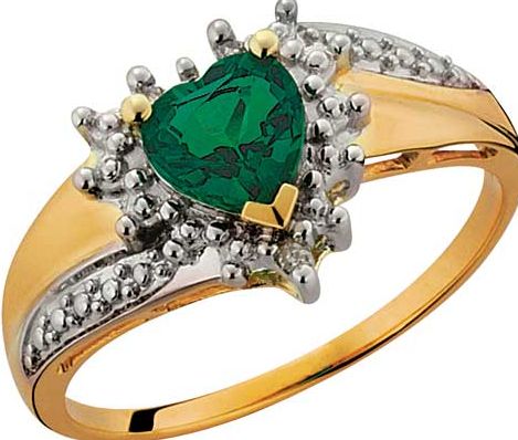 9ct Gold Created Emerald and Diamond Heart Ring