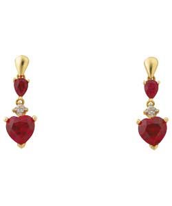 9ct Gold Created Ruby and Diamond Heart Drop