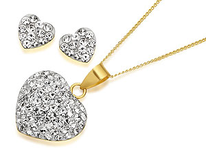 9ct Gold Crystal Heart Pendant And Earring Set -
