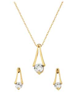 9ct gold Cubic Zirconia Drop Pendant and Earring Set
