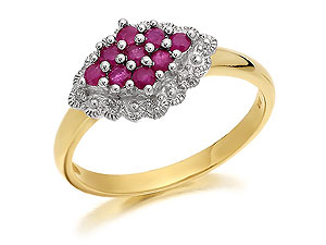 9ct Gold Diamond And Ruby Cluster Cushion Ring -