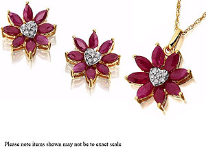 9ct Gold Diamond And Ruby Flower Pendant And