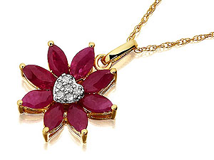 9ct Gold Diamond And Ruby Flower Pendant