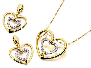 9ct Gold Diamond Double Heart Pendant, Chain And
