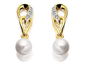 9ct Gold Diamond Double Loop Pearl Earrings -