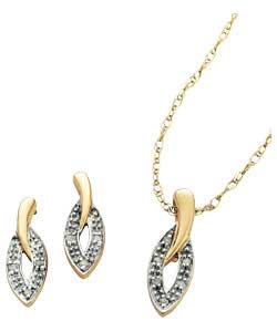 Diamond Set Leaf Pendant and Earring Set