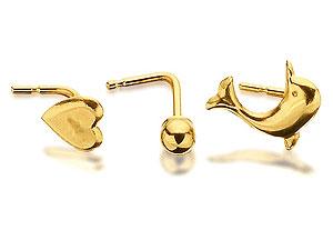 9ct Gold Dolphin, Ball And Heart Nose Stud Set -