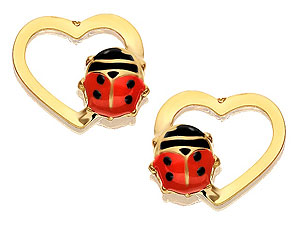 9ct Gold Heart And Ladybird Earrings 8mm - 070747