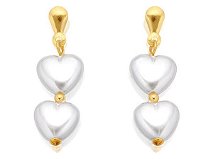 9ct Gold Imitation Pearl Heart Drop Earrings