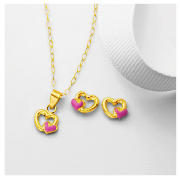 9ct Gold Pink Enamel Heart Pendant and Earring Set