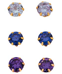 9ct Gold Purple Cubic Zirconia Stud Earrings - 3 pairs