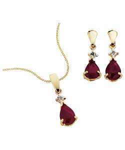 Ruby and Diamond Teardrop Pendant and Earring Set