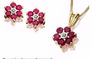 9ct Gold Ruby Flower Cluster Earring And Pendant