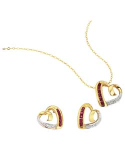 9ct gold Ruby Heart Pendant and Earring Set