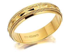 9ct Gold Star Patterned Brides Wedding Ring 4mm
