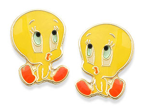 9ct Gold Tweety Pie Enamel Earrings - 070871