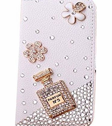 A-BEAUTY Arden 3D bling High quality luxury lovely elegant romantic 3D Bling Tinkerbell Perfume bottle and two flowers Rhinestone PU Leather Flip Wallet Case Cover for iphone5 5s/5g-(White)