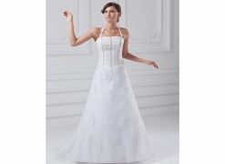 A-line Halter Backless Beading Sweep Train Lace