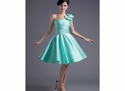 A-line One-shoulder Bow Pleat Knee-length Satin