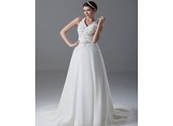 A-line V-neck Backless Beaded Pleat Cathedral