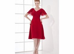 A-line V-neck Pleat Short-sleeves Knee-length