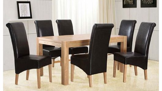 Solid Oak Extending Dining Table and Six Red, Black, Brown or Cream Leather Chairs
