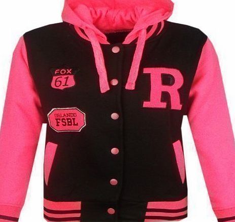 Unisex Kids Baseball R Fashion Hooded Jacket - Black amp; Neon Pink - 13 Years
