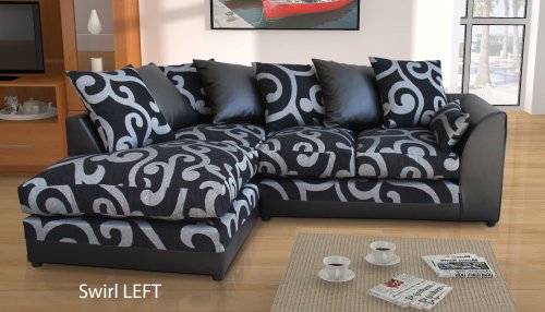 New Dylan Zina Black Swirl Fabric Corner Sofa, Left and Right (Swirl LEFT)