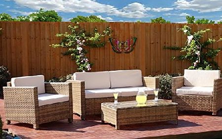 Abreo New 4 piece Grey, Light Brown Roma Rattan Garden Furniture Sofa set with Coffee Table and Chairs INCLUDES OUTDOOR PROTECTIVE COVER (Light Mixed Brown with Light Cushions)