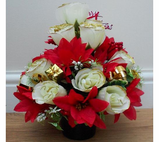 ABSOLUTELY SILK ARTIFICIAL SILK FLOWER CHRISTMAS ARRANGEMENT GRAVE POT WHITE ROSE AND RED POINSETTIAS