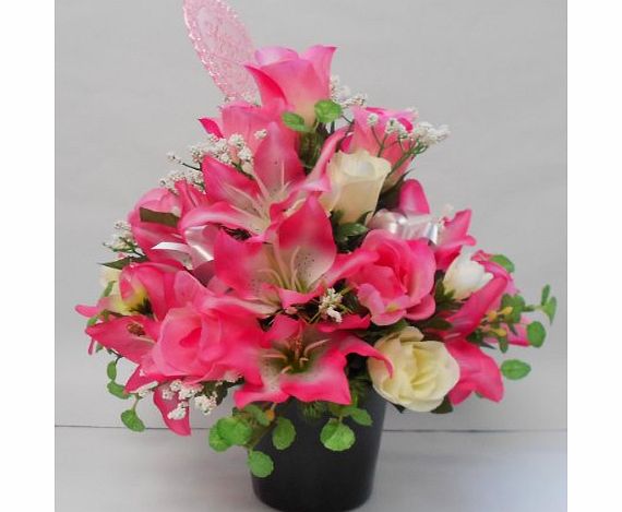 ABSOLUTELY SILK MOTHERS DAY PINK AND WHITE ROSE 2 TONE PINK LILLIES FRONT FACING SILK FLOWER ARRANGEMENT POSY FOR GRAVE OR FUNERAL