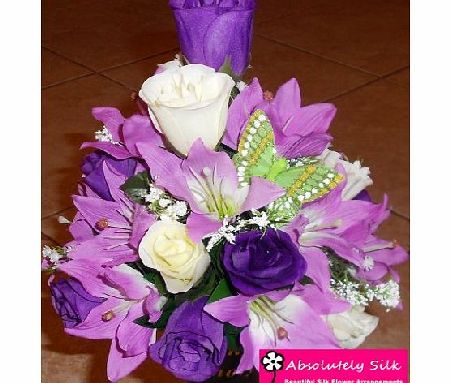 ABSOLUTELY SILK PURPLE LILAC AND WHITE ARTIFICIAL FRONT FACING SILK FLOWER ARRANGEMENT POSY FOR GRAVE OR FUNERAL