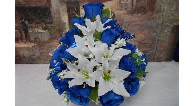 ABSOLUTELY SILK ROYAL BLUE ROSE WHITE LILLY ARTIFICIAL FRONT FACING SILK FLOWER ARRANGEMENT POSY FOR GRAVE OR FUNERAL